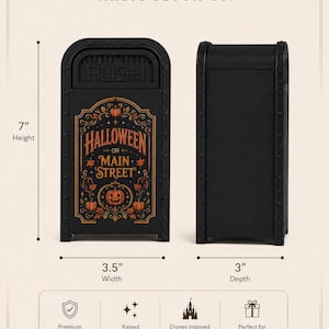 May include: A black miniature trash can replica with a front panel featuring orange pumpkin illustrations and the text Halloween on Main Street. The item measures 7 inches in height, 3.5 inches in width, and 3 inches in depth, with a push flap.