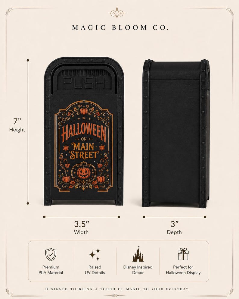 May include: A black miniature trash can replica with a front panel featuring orange pumpkin illustrations and the text Halloween on Main Street. The item measures 7 inches in height, 3.5 inches in width, and 3 inches in depth, with a push flap.