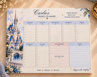 Personalisierter Wochenplaner für Freizeitparks, 4 wechselnde Parkmotive, Disney-inspirierter Schreibtischplaner, individueller Wochenplanerblock