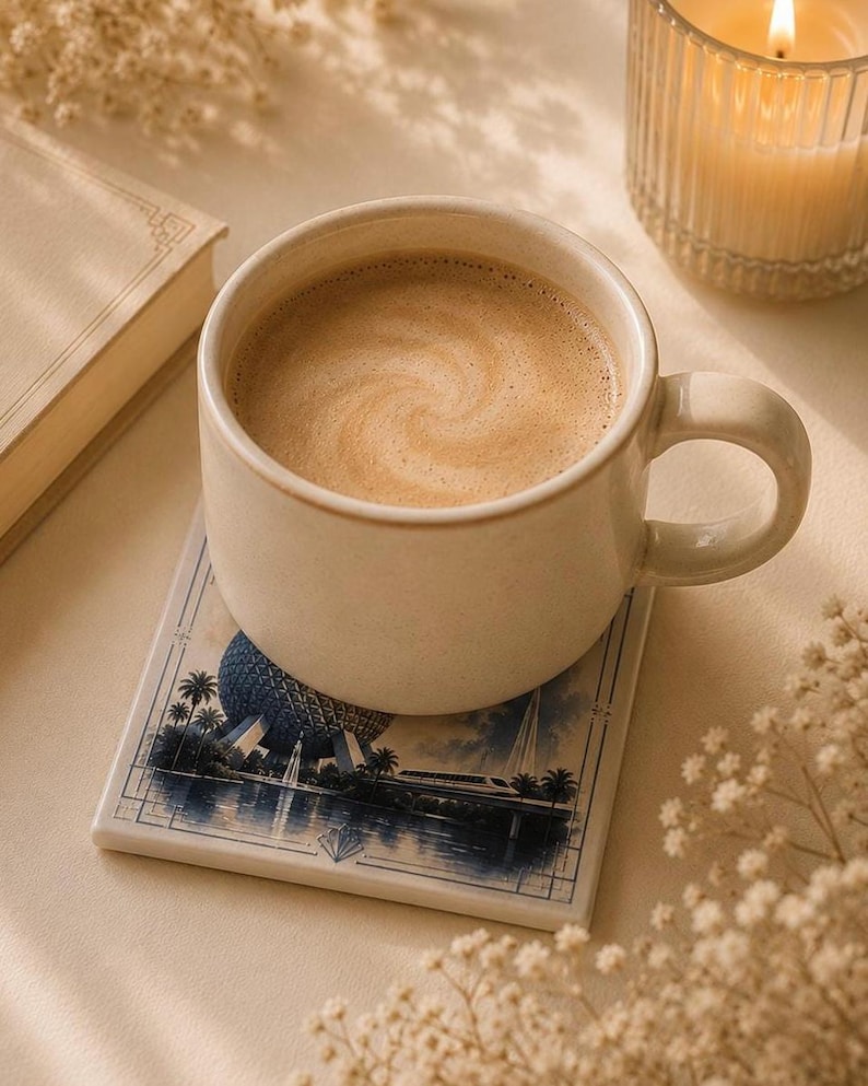 May include: A cream-colored ceramic mug filled with coffee sits on a square coaster featuring a blue and white illustration of a geodesic dome, palm trees, and a monorail. The mug has a smooth finish and a rounded handle, resting on a flat surface.