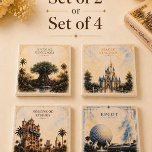 Disney Park Ceramic Coasters Set of 2 or 4, Magic Kingdom EPCOT Animal Kingdom Hollywood Studios, Disney Home Decor Gift image 2