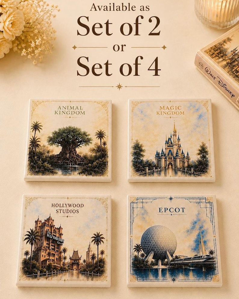 Disney Park Ceramic Coasters Set of 2 or 4, Magic Kingdom EPCOT Animal Kingdom Hollywood Studios, Disney Home Decor Gift image 2