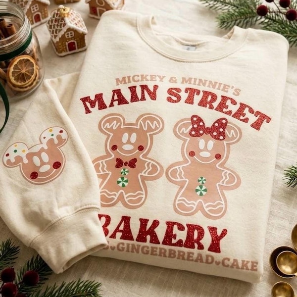 Mickey & Minnie Gingerbread Sweatshirt: Main Street Bakery Christmas Crewneck