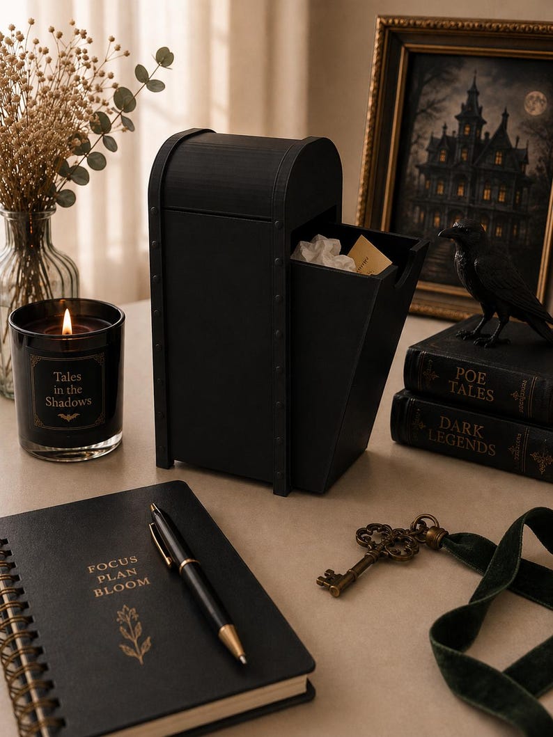 May include: A black arched storage box with a pull-out drawer, a black candle labeled Tales in the Shadows, a black notebook with the text FOCUS PLAN BLOOM, a black pen, a brass skeleton key, and two books titled POE TALES and DARK LEGENDS.