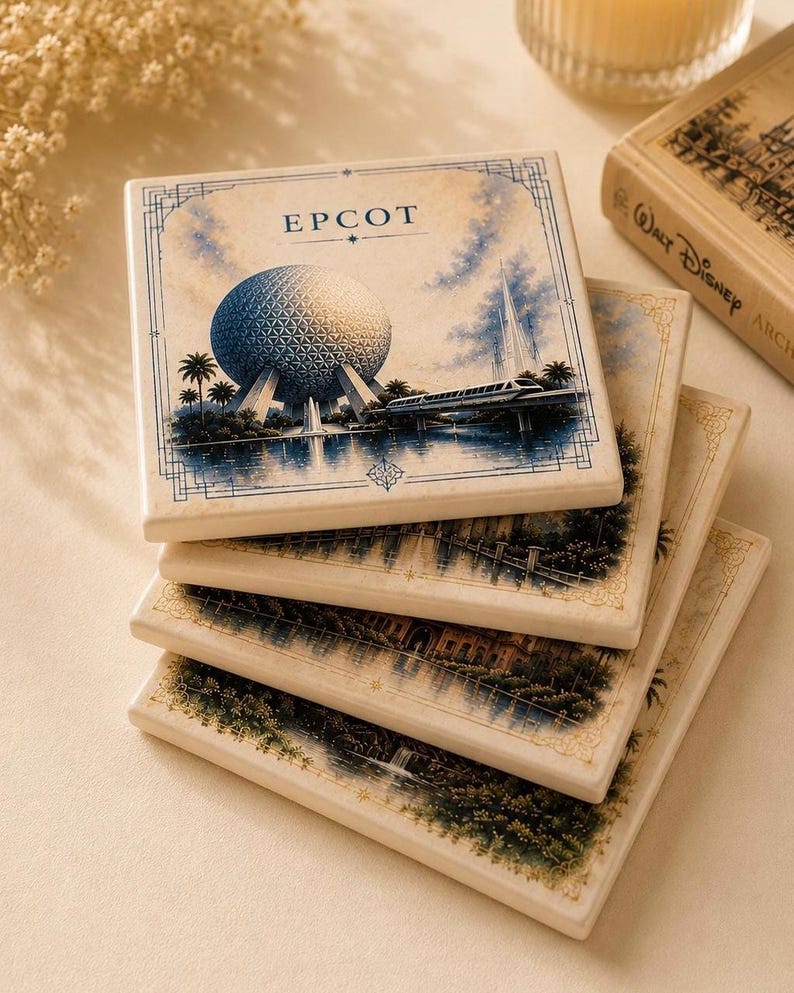 May include: A stack of four square ceramic coasters featuring illustrations of Epcot. The top coaster displays the Spaceship Earth geosphere, a monorail, and the text EPCOT in a blue and cream color palette with a decorative border design.