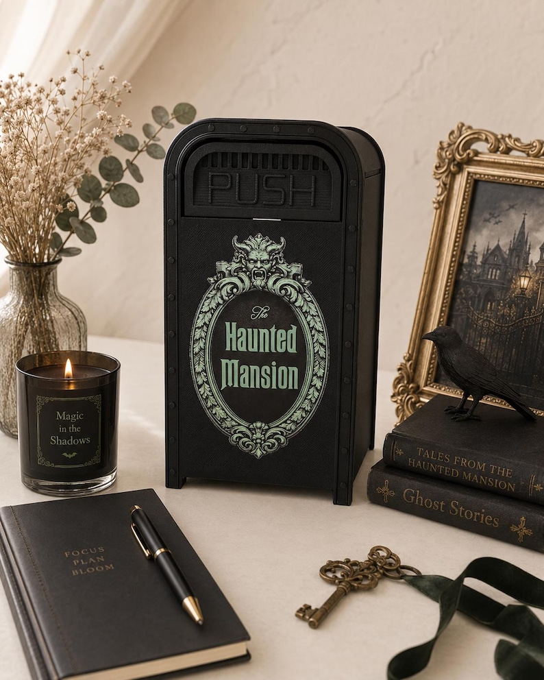 K&ouml;nnte beinhalten: Ein schwarzer, m&uuml;lltonnenf&ouml;rmiger Beh&auml;lter mit dem Schriftzug The Haunted Mansion in einem dekorativen ovalen Rahmen, einem gr&uuml;nen Wasserspeier-Akzent oben und einem PUSH-Etikett auf dem Klappdeckel, gestaltet mit dunkler &Auml;sthetik und Nieten.