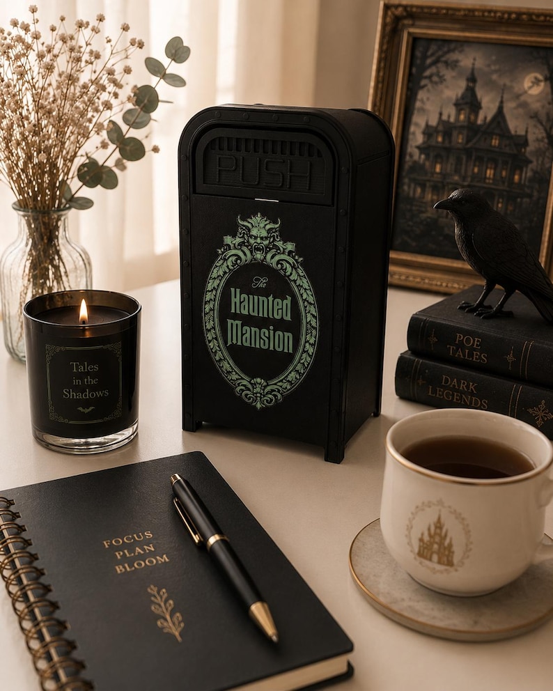 K&ouml;nnte beinhalten: Ein schwarzer Metall-M&uuml;lleimer mit gr&uuml;nem Haunted Mansion-Logo, eine schwarze Kerze mit der Aufschrift Tales in the Shadows, ein schwarzes Spiralnotizbuch mit goldenem Text FOCUS PLAN BLOOM, ein schwarzer Stift und eine wei&szlig;e Tasse mit goldener Schlossgrafik.