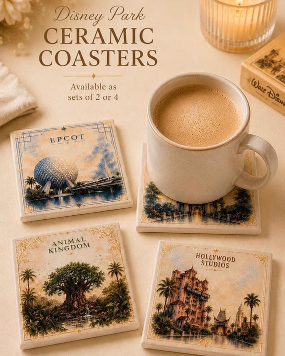 Disney Park Ceramic Coasters Set of 2 or 4, Magic Kingdom EPCOT Animal Kingdom Hollywood Studios, Disney Home Decor Gift
