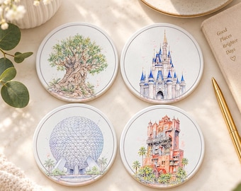 Disney Theme Parks Ceramic Coasters Set of 2 or 4, Magic Kingdom EPCOT Animal Kingdom Hollywood Studios, Disney Home Decor Gift