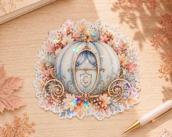 Fall Carriage Holographic Sticker | Disney-Inspired Wreath Pumpkin Vinyl Decal for Water Bottles, Laptops, Planners, and Halloween Decor