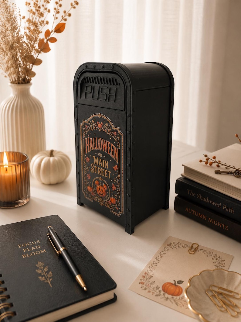 May include: A black metal mailbox with a rounded top and a hinged door labeled PUSH. The front features a decorative graphic with the text HALLOWEEN ON MAIN STREET, surrounded by orange pumpkin illustrations and intricate gold-toned scrollwork.