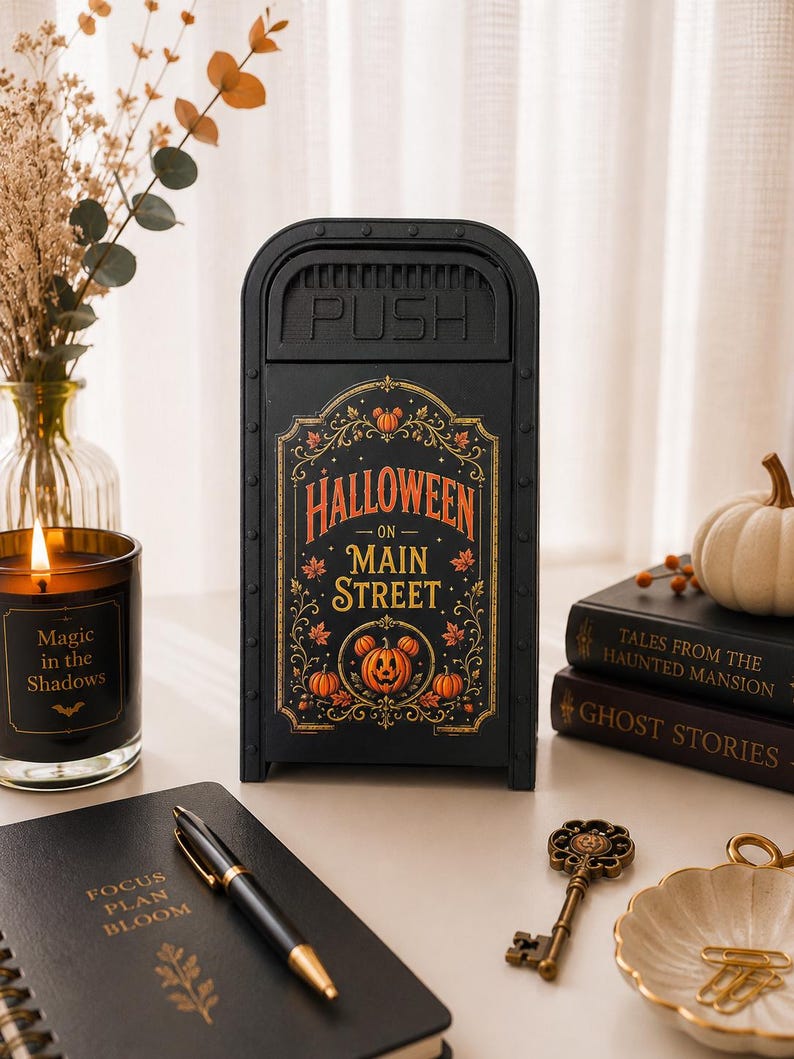 May include: A black metal trash bin with a rounded top and the word PUSH embossed on the lid. The front features a decorative graphic with orange and gold text reading HALLOWEEN ON MAIN STREET, surrounded by autumn leaves and jack-o'-lanterns.