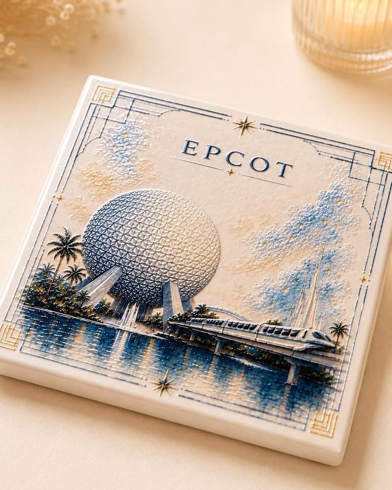 May include: A square ceramic tile featuring a raised, textured illustration of the Epcot geodesic sphere and a monorail train. The design includes blue and gold accents, palm trees, water reflections, and the text EPCOT in a serif font.
