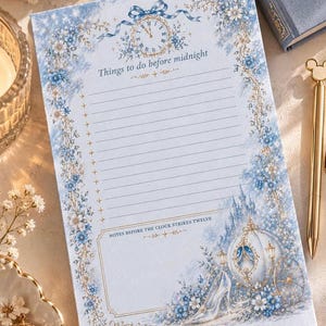 以下が含まれることがあります： 青と金のフローラルボーダー、時計のイラスト、そして「Things to do before midnight」と「NOTES BEFORE THE CLOCK STRIKES TWELVE」という文字が印刷された長方形のメモ帳。デザインには馬車とガラスの靴のイラストが含まれています。