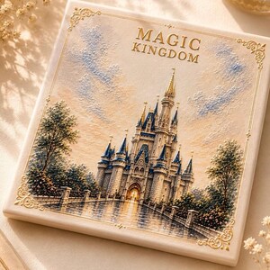 May include: A square decorative tile featuring a textured relief illustration of a castle with blue spires and a bridge. The text MAGIC KINGDOM is printed in gold at the top. The design includes a gold filigree border on a cream-colored background.