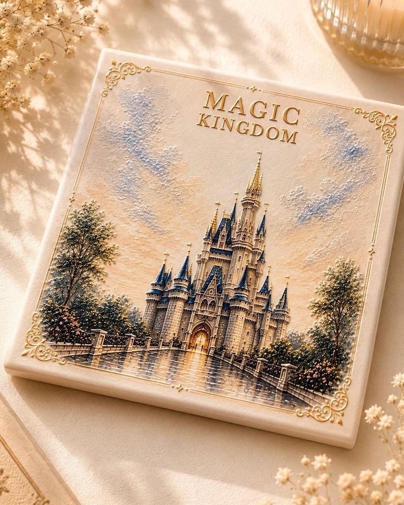 May include: A square decorative tile featuring a textured relief illustration of a castle with blue spires and a bridge. The text MAGIC KINGDOM is printed in gold at the top. The design includes a gold filigree border on a cream-colored background.