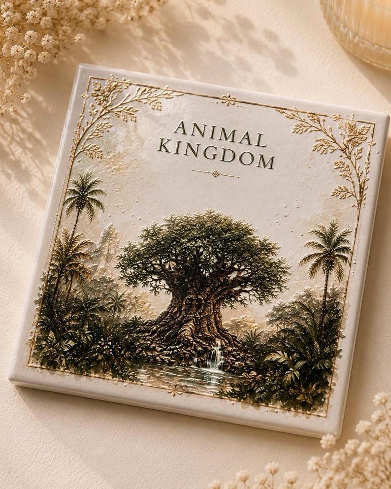May include: A square ceramic tile featuring a raised, textured relief of a large tree and tropical foliage near a small waterfall. The text ANIMAL KINGDOM is printed in black at the top center. The border is decorated with gold-colored leaf motifs.
