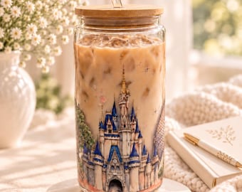 Theme Parks Glass Cup, Disney Inspired Tumbler, 16 oz Iced Coffee Cup with Bamboo Lid & Glass Straw