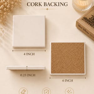 May include: Two square white coasters with cork backing. The coasters measure 4 inches by 4 inches with a thickness of 0.23 inches. The text CORK BACKING, 4 INCH, 0.23 INCH, NON-SLIP, and DURABLE are visible along with icons for these features.