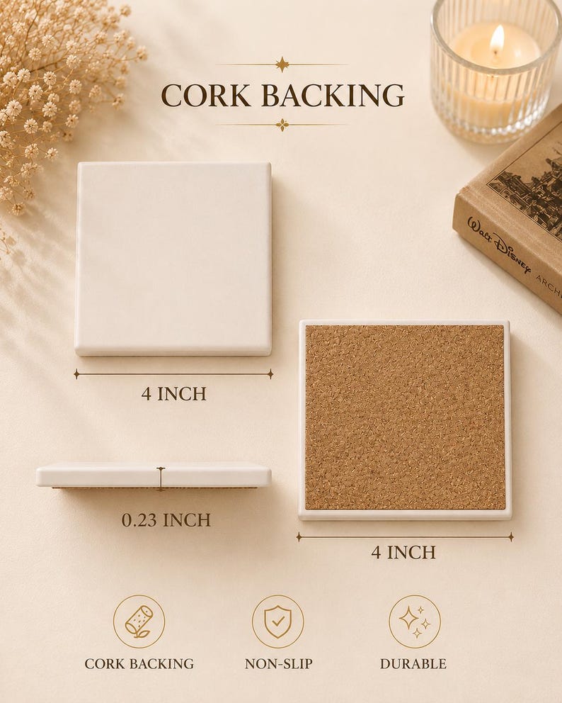 May include: Two square white coasters with cork backing. The coasters measure 4 inches by 4 inches with a thickness of 0.23 inches. The text CORK BACKING, 4 INCH, 0.23 INCH, NON-SLIP, and DURABLE are visible along with icons for these features.