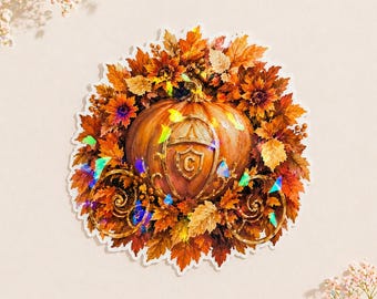 Holographic Cinderella Pumpkin Carriage Sticker, Fall Leaves Vinyl Decal (Water-Resistant)