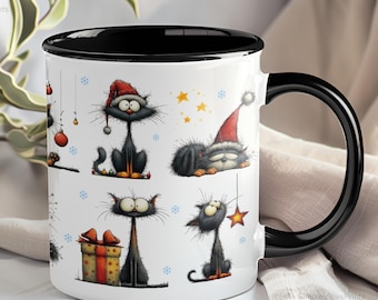 Christmas Cat Mug, Holiday Coffee Cup, Black Cats, Cat Lover Gift