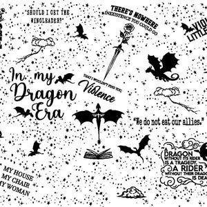 May include: Black and white graphic design featuring dragons, stars, and various quotes. Text includes "Fly or Die," "In my Dragon Era," and "Violent Little Thing." The design has a celestial theme.