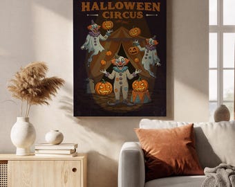 Griezelige clown Haunted Circus ingelijst canvas, gotisch halloweendecor