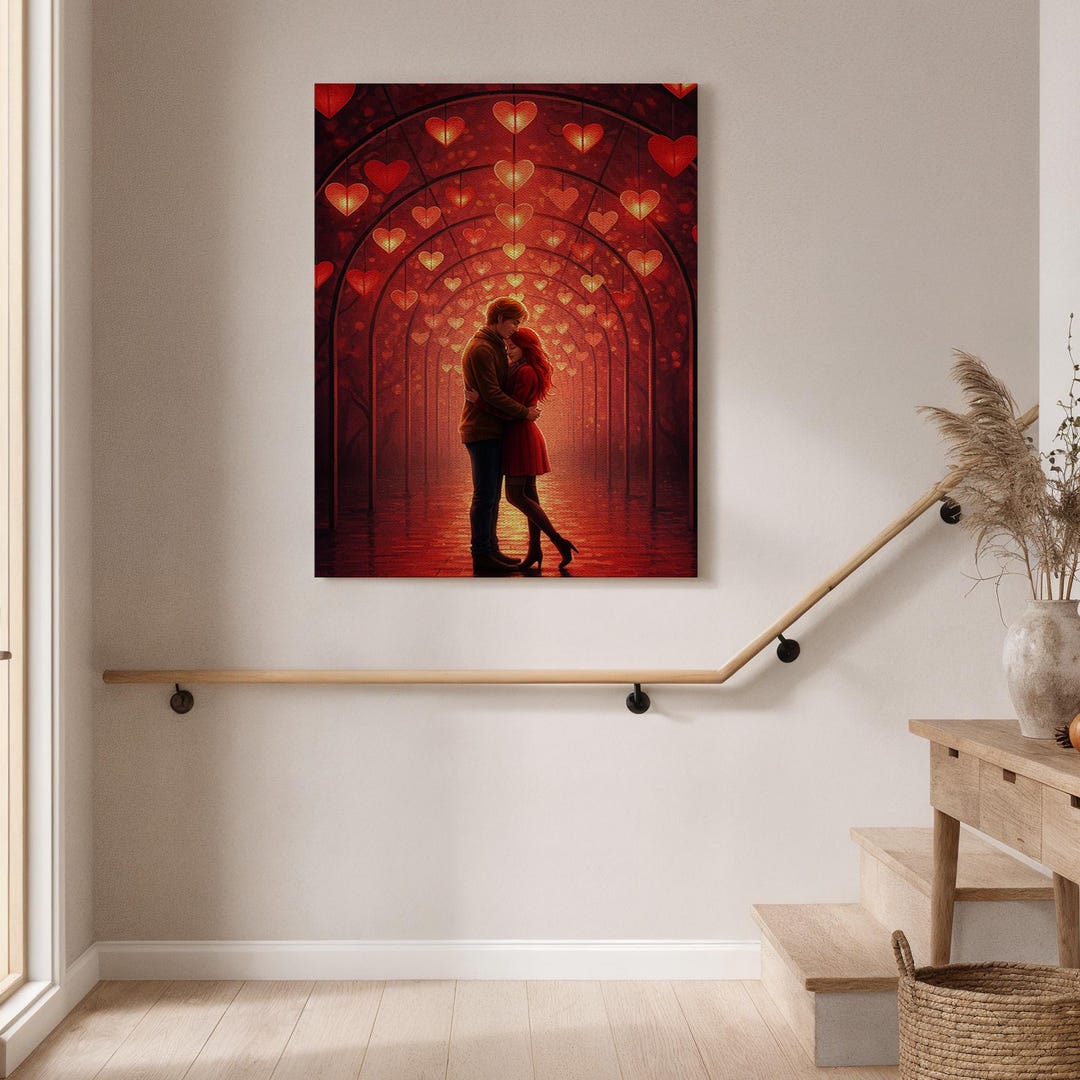 Romantic Couple Under Heart Lights Canvas Art, Red Love Tunnel Wall ...