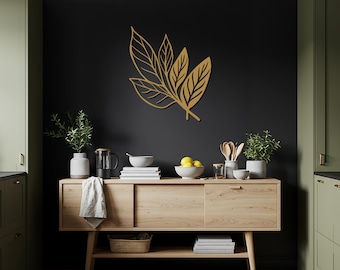 Arte mural minimalista de metal con forma de hoja, decoración mural botánica moderna, adorno de pared inspirado en la naturaleza, decoración escandinava para el hogar, arte mural con hojas de oro.