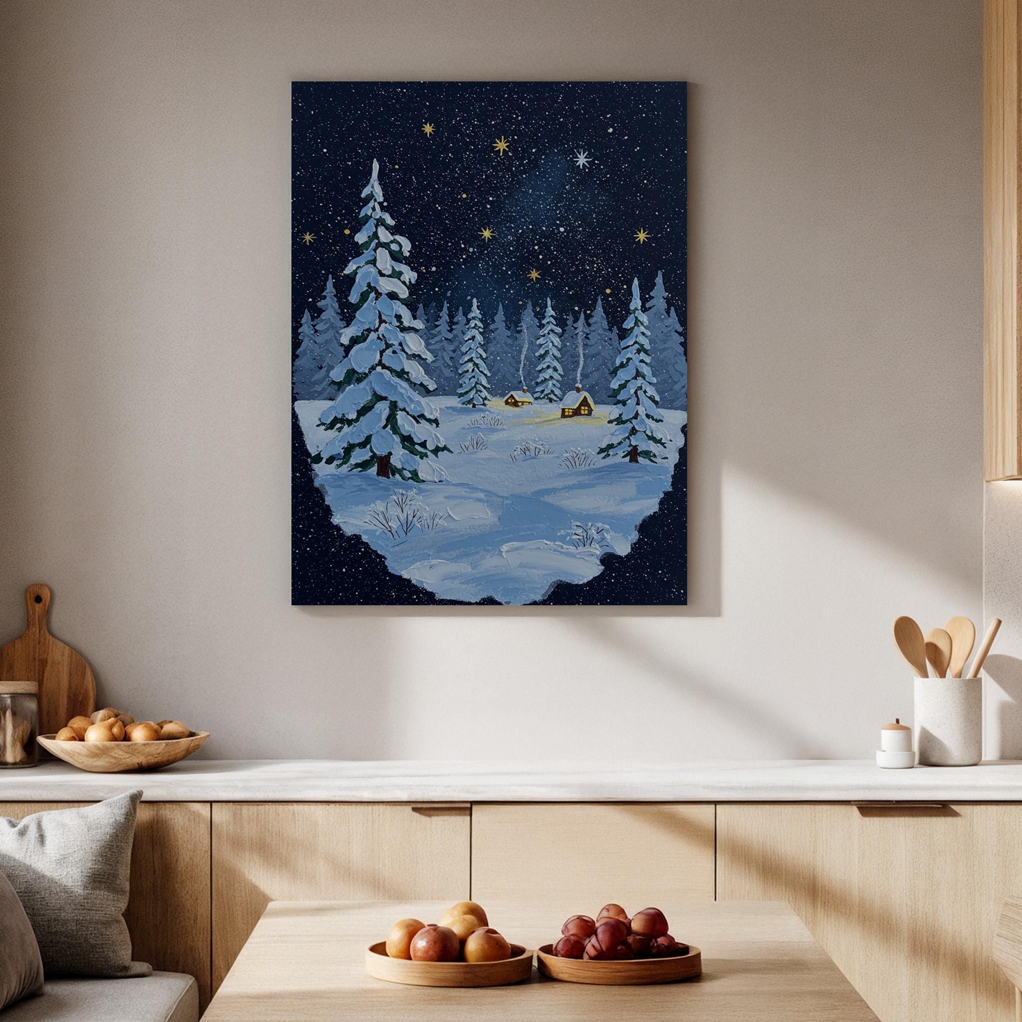 Starry Winter Night Framed Canvas, Snowy Forest Landscape Art