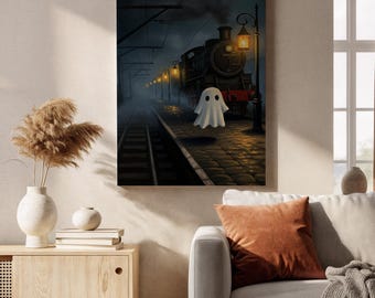 Ghost Train Station Framed Canvas, Halloween Wall Art, Haunted Railway Gothic Canvas Decor, Spooky Steam Engine Pumpkin Night Artwork