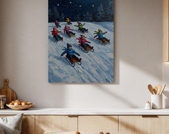 雪の中で遊ぶ子供たちのキャンバスアート：ノスタルジックな冬の風景