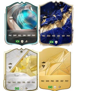 May include: Four shield-shaped trading card designs. The top left card features a blue and white design, the top right card has a blue and gold design, the bottom left card has a white and gold design, and the bottom right card has a gold design. Each card has text at the bottom.