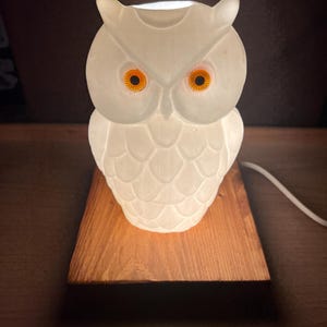 Puede incluir: Lámpara blanca con forma de búho y ojos naranjas, sobre una base de madera. La lámpara está encendida, emitiendo un brillo cálido. El búho presenta patrones de plumas detallados y un diseño sencillo.