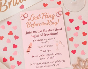 Last Fling Before the Ring Invitation | Pink & Rose Gold Bachelorette Invite | Editable Hen Do Template