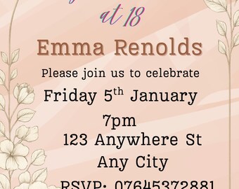 Floral 18th Birthday Invitation – Blush Pink Canva Template (Digital)
