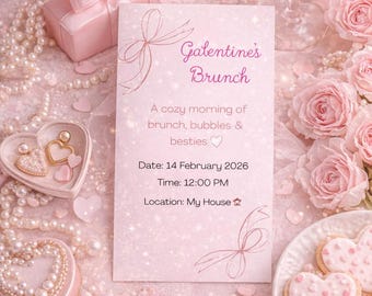 Galentine’s Brunch Invitation Template | Pink Bow Coquette Invite | Editable Canva Galentines Brunch | Girls Brunch Valentine Invite