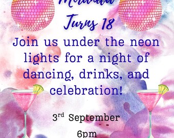 Neon Disco 18th Birthday Invitation | Nightclub Chic (Digital Download)