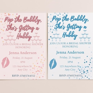 Pop the Bubbly, She’s Getting a Hubby Invitation | Bridal Shower Canva Template | Pink & Blue Champagne Party Invite