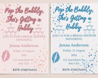 Champagne Bridal Shower Invitation, Pink & Blue, Canva Template (Digital Download)