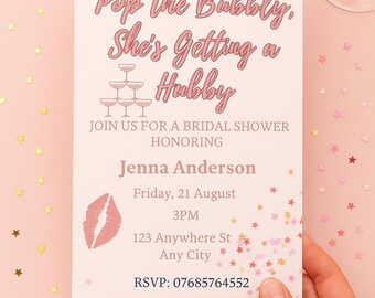 Pop the Bubbly She’s Getting a Hubby Invitation | Pink Bridal Shower Canva Template | Champagne Party Invite