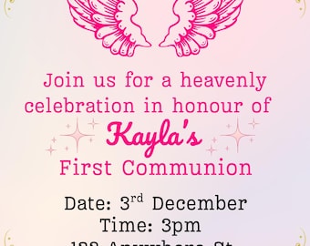 Angel Wings First Communion Invitation: Pink & Gold, Editable Canva Template (Digital Download)