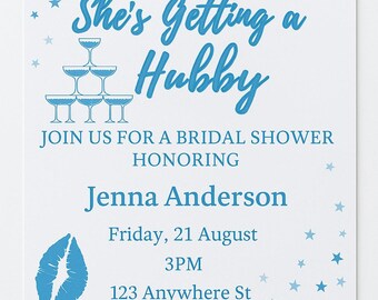 Pop the Bubbly She’s Getting a Hubby Invitation | Blue Bridal Shower Canva Template | Champagne Party Invite