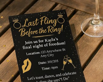 Last Fling Before the Ring Invitation | Black & Gold Bachelorette Party Invite | Editable Hen Do Template