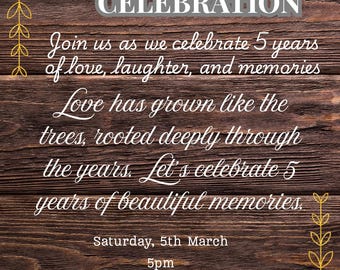 Rustic 5th Anniversary Invitation – Wooden Texture with Gold Leaf Accents | Editable Digital Party Invite