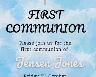Blue & Silver First Communion Invitation – Glitter Foil Text, Editable Canva Template, Digital Download