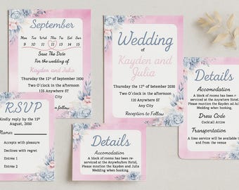 Pink Floral Wedding Stationery Suite | Editable Templates (Digital Download)