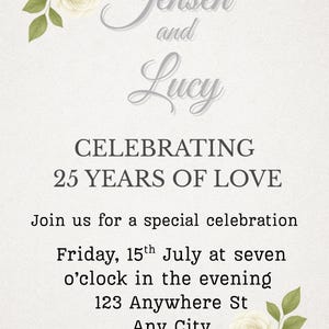 25th Anniversary Invitation – Elegant White Rose & Silver Theme | Digital Printable Template