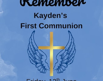Boy's First Communion Invitation: Angel Wings Gold Cross, Blue Watercolor (Canva Template)